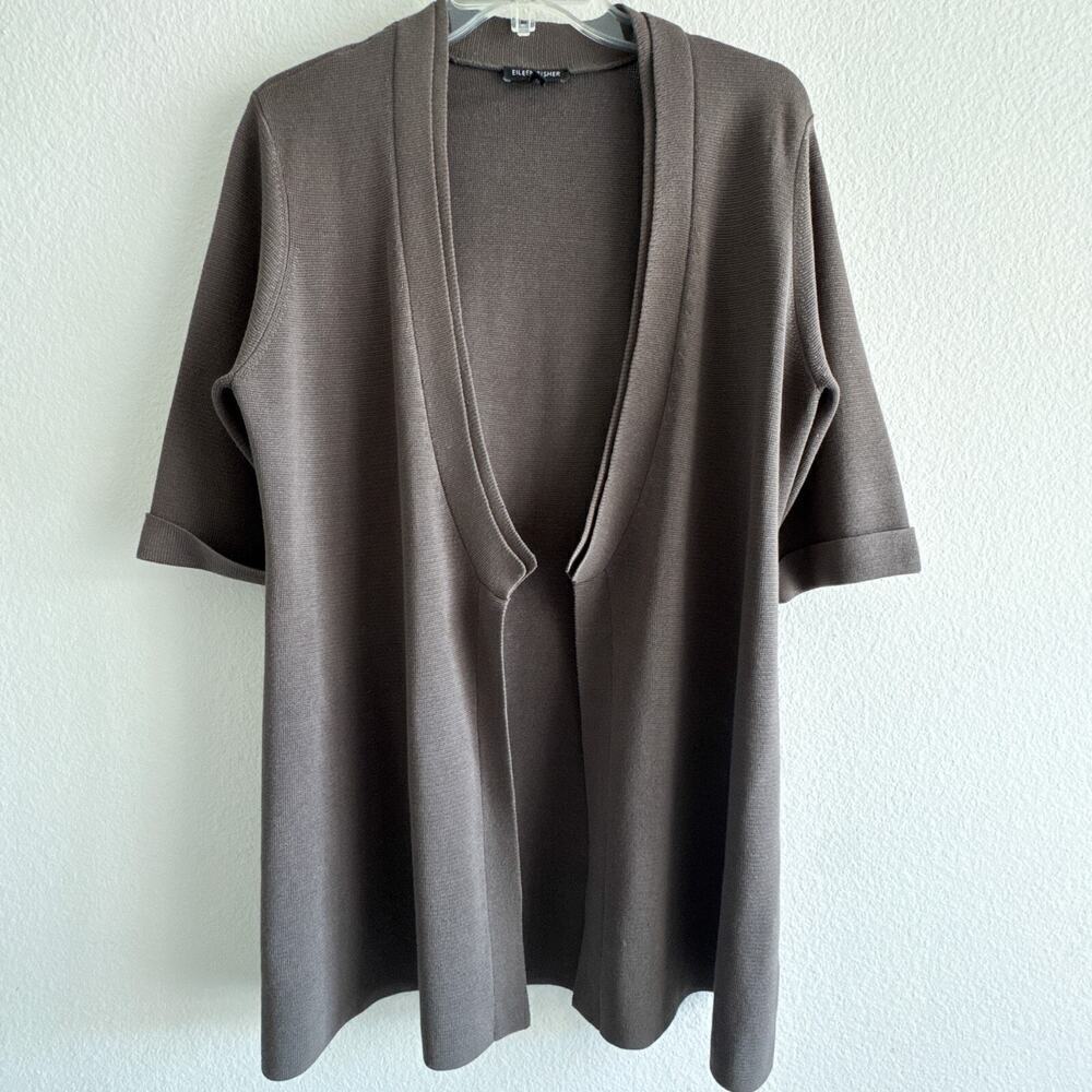 Eileen Fisher M Silk Cotton Knit Cardigan Jacket Open Front Elbow Sleeve